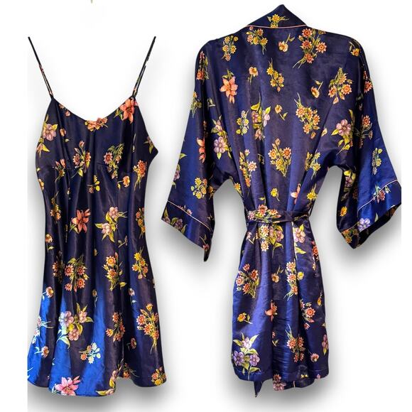 Kathryn Other - Vintage Kathryn Navy Floral Satin Pajama Set Nightgown and Robe Medium